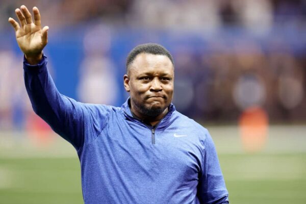 Former Detroit Lions player Barry Sanders is honored during the game against the Seattle Seahawks at Ford Field on September 17, 2023 in Detroit, Michigan.