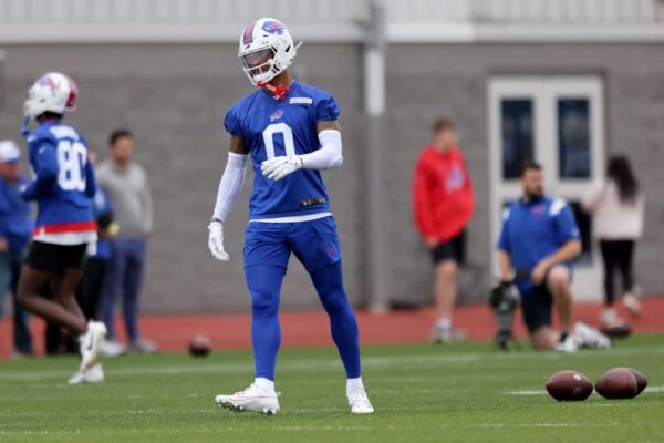 Keon Coleman #0 of the Buffalo Bills participates in Bills minicamp on June 11, 2024 in Orchard Park, New York.