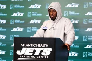 Breece Hall #20 of the New York Jets speaks to the media during New York Jets Mandatory Minicamp at Atlantic Health Jets Training Center on June 11, 2024 in Florham Park, New Jersey.