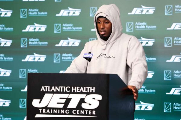 Breece Hall Excited for Showdown Against 49ers in Week 1 Breece Hall #20 of the New York Jets speaks to the media during New York Jets Mandatory Minicamp at Atlantic Health Jets Training Center on June 11, 2024 in Florham Park, New Jersey.
