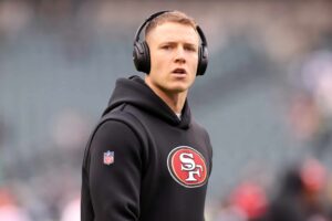 Christian McCaffrey #23 of the San Francisco 49ers warms up prior to the NFC Championship Game at Lincoln Financial Field on January 29, 2023 in Philadelphia, Pennsylvania.