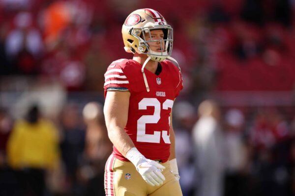 SANTA CLARA, CALIFORNIA - NOVEMBER 19: Christian McCaffrey #23 of the San Francisco 49ers warms up prior to a game against the Tampa Bay Buccaneers at Levi
