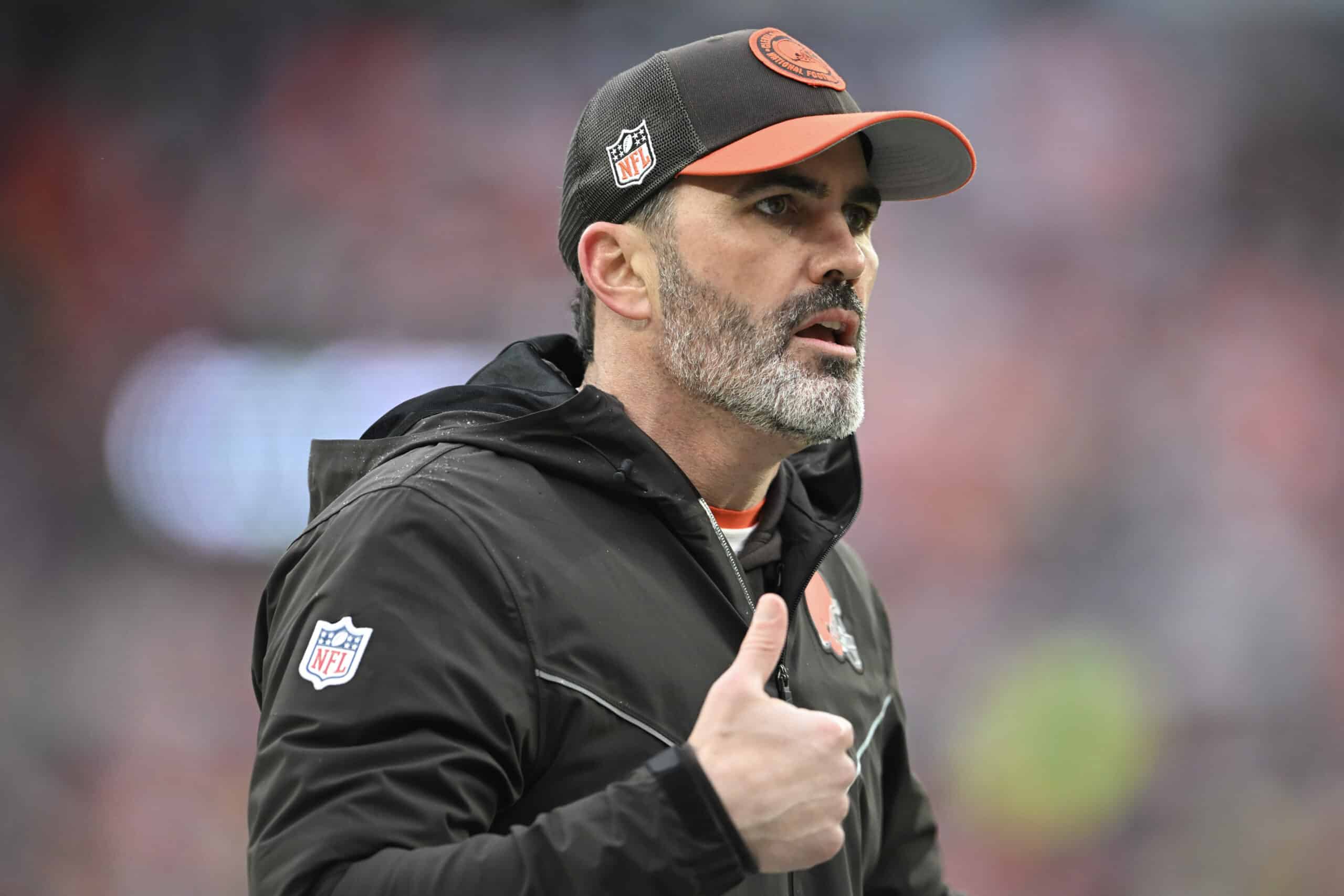 CLEVELAND, OHIO - DECEMBER 17: Head coach Kevin Stefanski of the Cleveland Browns looks on during the first half of a game against the Chicago Bears at Cleveland Browns Stadium on December 17, 2023 in Cleveland, Ohio.