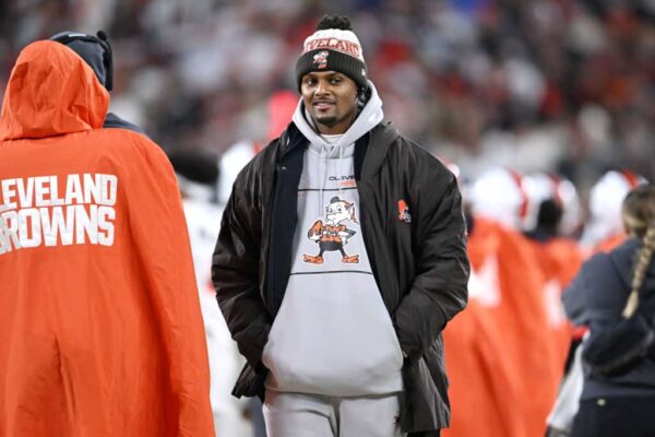 Deshaun Watson of the Cleveland Browns is seen on the sidelines in the second half against the New York Jets at Cleveland Browns Stadium on December 28, 2023 in Cleveland, Ohio.