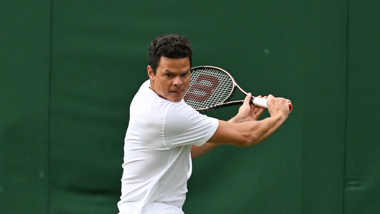 Milos Raonic winds up to slice a backhand. He lost to Alex de Minaur at the Libema Open on Friday.