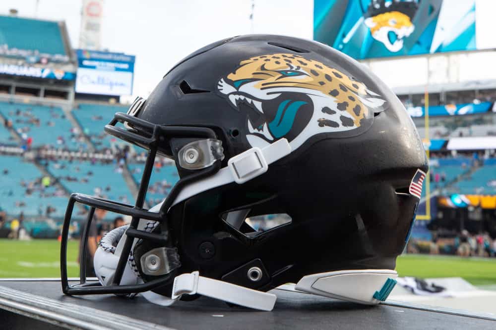 A detailed view of a Jacksonville Jaguars helmet during the game between the Indianapolis Colts and the Jacksonville Jaguars on December 29, 2019 at TIAA Bank Field in Jacksonville, Fl.