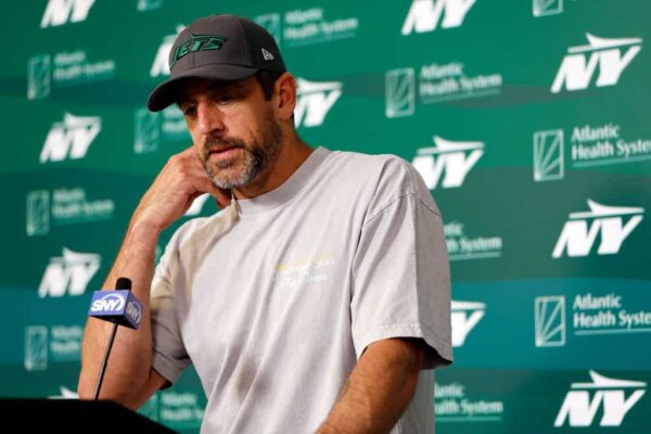 Aaron Rodgers #8 of the New York Jets speaks to the media during the New York Jets OTA Offseason Workout at Atlantic Health Jets Training Center on May 21, 2024 in Florham Park, New Jersey.