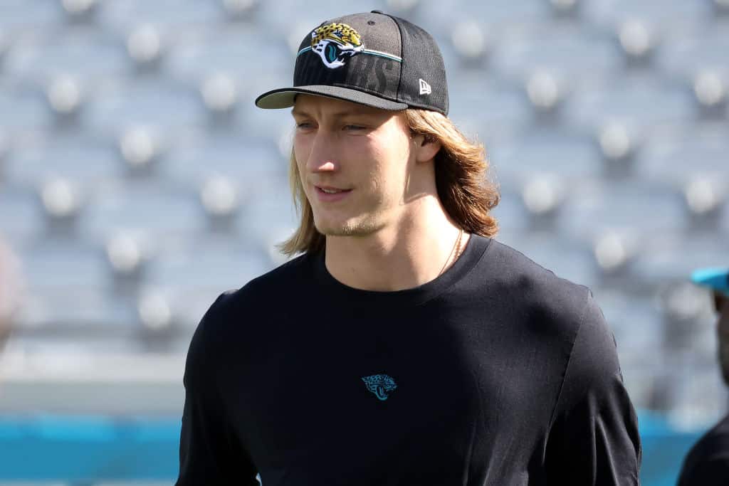 Trevor Lawrence #16 of the Jacksonville Jaguars looks on prior to a game against the Carolina Panthers at EverBank Stadium on December 31, 2023 in Jacksonville, Florida.