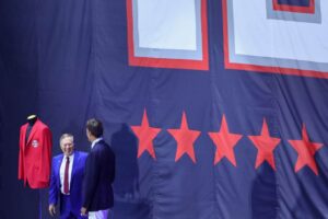 Bill Belichick talks with Tom Brady during the 2024 Hall of Fame Induction Ceremony for Tom Brady at Gillette Stadium on June 12, 2024 in Foxborough, Massachusetts.