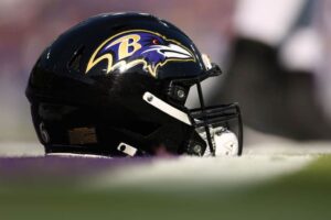 General view of the Baltimore Ravens helmet on the field prior to the game against the Seattle Seahawks at M&T Bank Stadium on November 05, 2023 in Baltimore, Maryland.