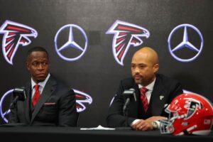 General manager Terry Fontenot of the Atlanta Falcons speaks to the media as Raheem Morris is introduced as the head coach of the Atlanta Falcons at Mercedes-Benz Stadium on February 05, 2024 in Atlanta, Georgia.