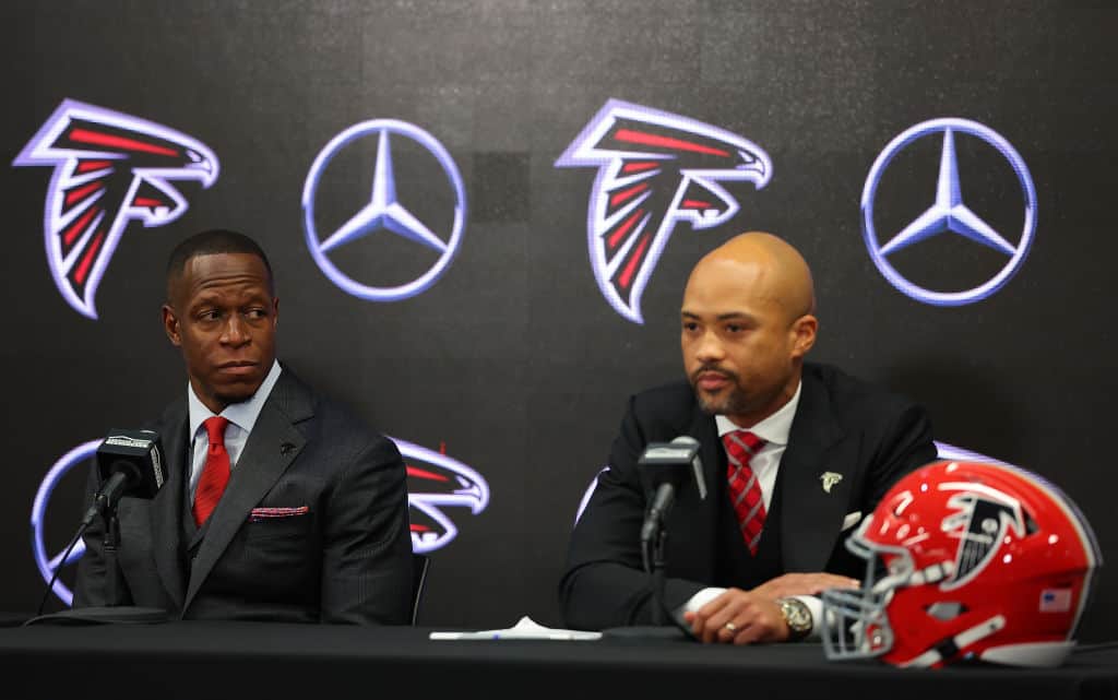 General manager Terry Fontenot of the Atlanta Falcons speaks to the media as Raheem Morris is introduced as the head coach of the Atlanta Falcons at Mercedes-Benz Stadium on February 05, 2024 in Atlanta, Georgia.