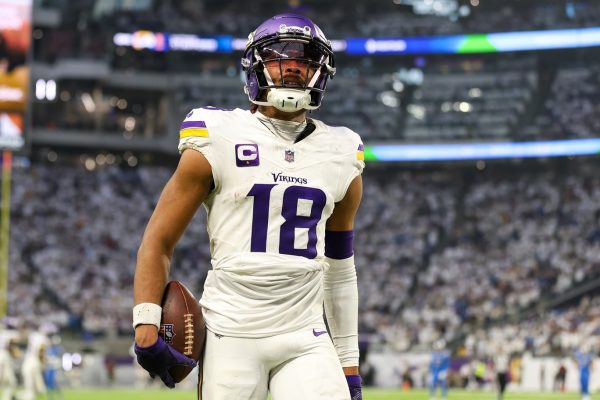 Minnesota Vikings wide receiver Justin Jefferson (18) celebrates his touchdown against the Detroit Lions during the second quarter at U.S. Bank Stadium. Mandatory Credit: Matt Krohn-USA TODAY Sports