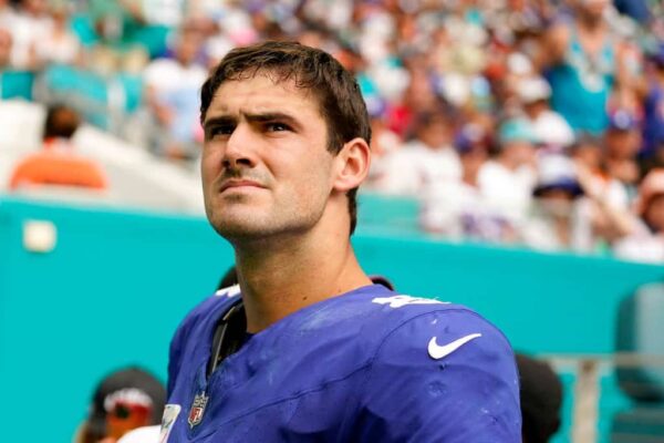 Daniel Jones #8 of the New York Giants leaves the field after an injury against the Miami Dolphins during the fourth quarter at Hard Rock Stadium on October 08, 2023 in Miami Gardens, Florida.