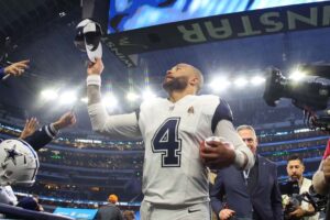 Dak Prescott #4 of the Dallas Cowboys reacts after a 33-13 victory against the Philadelphia Eagles at AT&T Stadium on December 10, 2023 in Arlington, Texas.