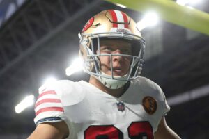 Christian McCaffrey #23 of the San Francisco 49ers is seen prior to a game against the Seattle Seahawks at Lumen Field on November 23, 2023 in Seattle, Washington.