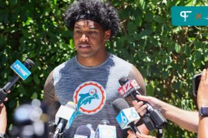 Miami Dolphins quarterback Tua Tagovailoa (1) speaks to reporters during mandatory minicamp at Baptist Health Training Complex.