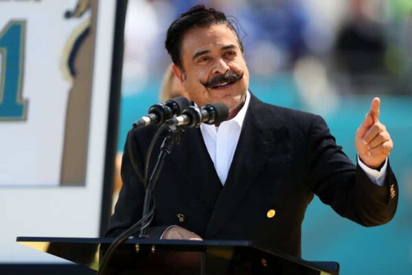 Owner Shad Khan of the Jacksonville Jaguars speaks during Tony Boselli