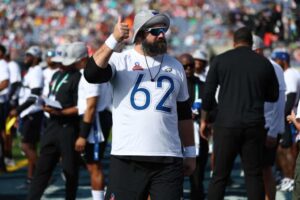 Jason Kelce #62 of the Philadelphia Eagles and NFC reacts prior to the 2024 NFL Pro Bowl Games at Camping World Stadium on February 04, 2024 in Orlando, Florida.