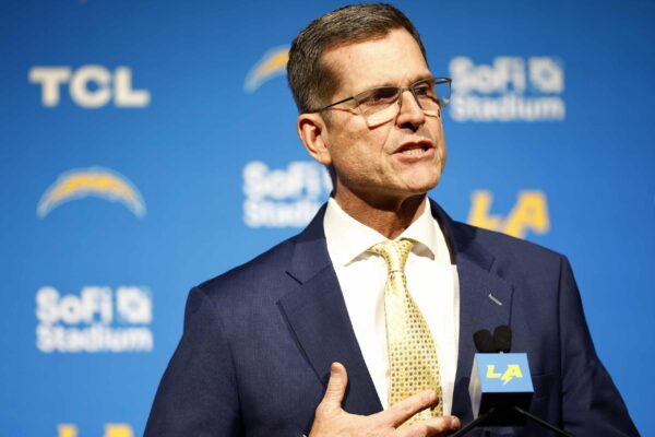 INGLEWOOD, CALIFORNIA - FEBRUARY 01: Newly appointed head coach Jim Harbaugh of the Los Angeles Chargers speaks to the media during a press conference at YouTube Theater on February 01, 2024 in Inglewood, California.