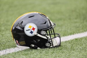 A Pittsburgh Steelers helmet on the field during the game against the Cincinnati Bengals at Paycor Stadium on September 11, 2022 in Cincinnati, Ohio.