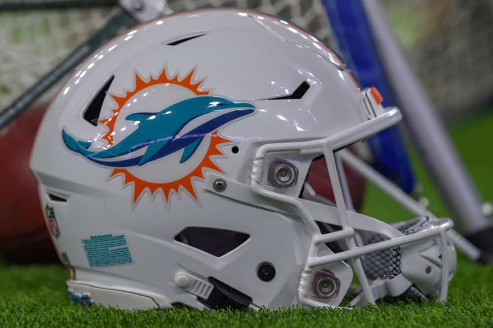 A Dolphins helmet awaits on the sideline for the next series during the football game between the Miami Dolphins and the Houston Texans on October 25, 2018 at NRG Stadium in Houston, Texas.