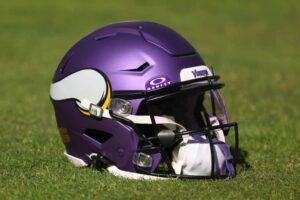 A detail of a Minnesota Vikings helmet prior to the game against the Chicago Bears at Soldier Field on October 15, 2023 in Chicago, Illinois.