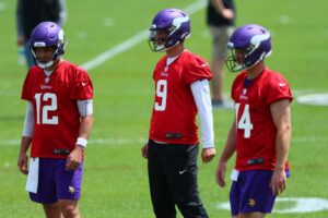 Quarterbacks Nick Mullens #12, J.J. McCarthy #9 and Sam Darnold #14 of the Minnesota Vikings practice during Minnesota Vikings mandatory minicamp at Twin Cities Orthopedics Performance Center on June 04, 2024 in Eagan, Minnesota.