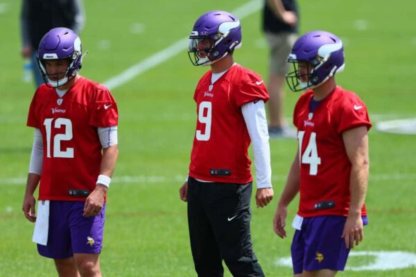 Quarterbacks Nick Mullens #12, J.J. McCarthy #9 and Sam Darnold #14 of the Minnesota Vikings practice during Minnesota Vikings mandatory minicamp at Twin Cities Orthopedics Performance Center on June 04, 2024 in Eagan, Minnesota.