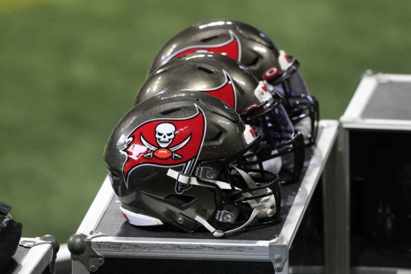 Tampa Bay helmets on the sidelines during warmups for the Week 15 NFL game between the Atlanta Falcons and the Tampa Bay Buccaneers on December 20, 2020 at Mercedes-Benz Stadium in Atlanta, Georgia.