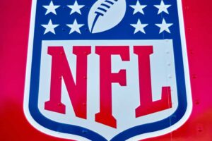 A detail view of the NFL crest and logo is seen in game action during the Super Bowl LIV game between the Kansas City Chiefs and the San Francisco 49ers on February 2, 2020 at Hard Rock Stadium, in Miami Gardens, FL.