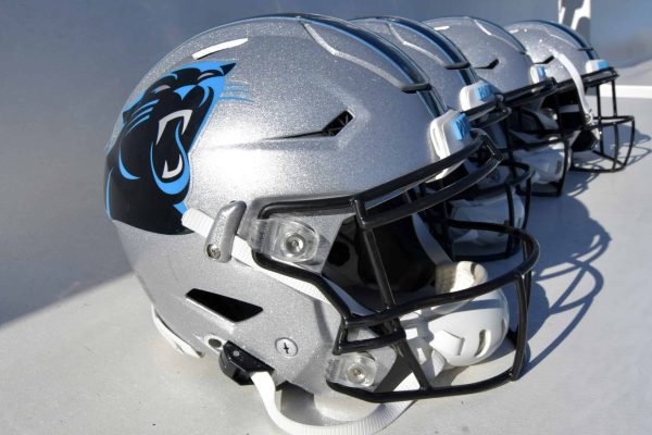 Carolina Panthers helmets are seen prior to the game against Seattle Seahawks at Bank of America Stadium on December 15, 2019 in Charlotte, North Carolina.
