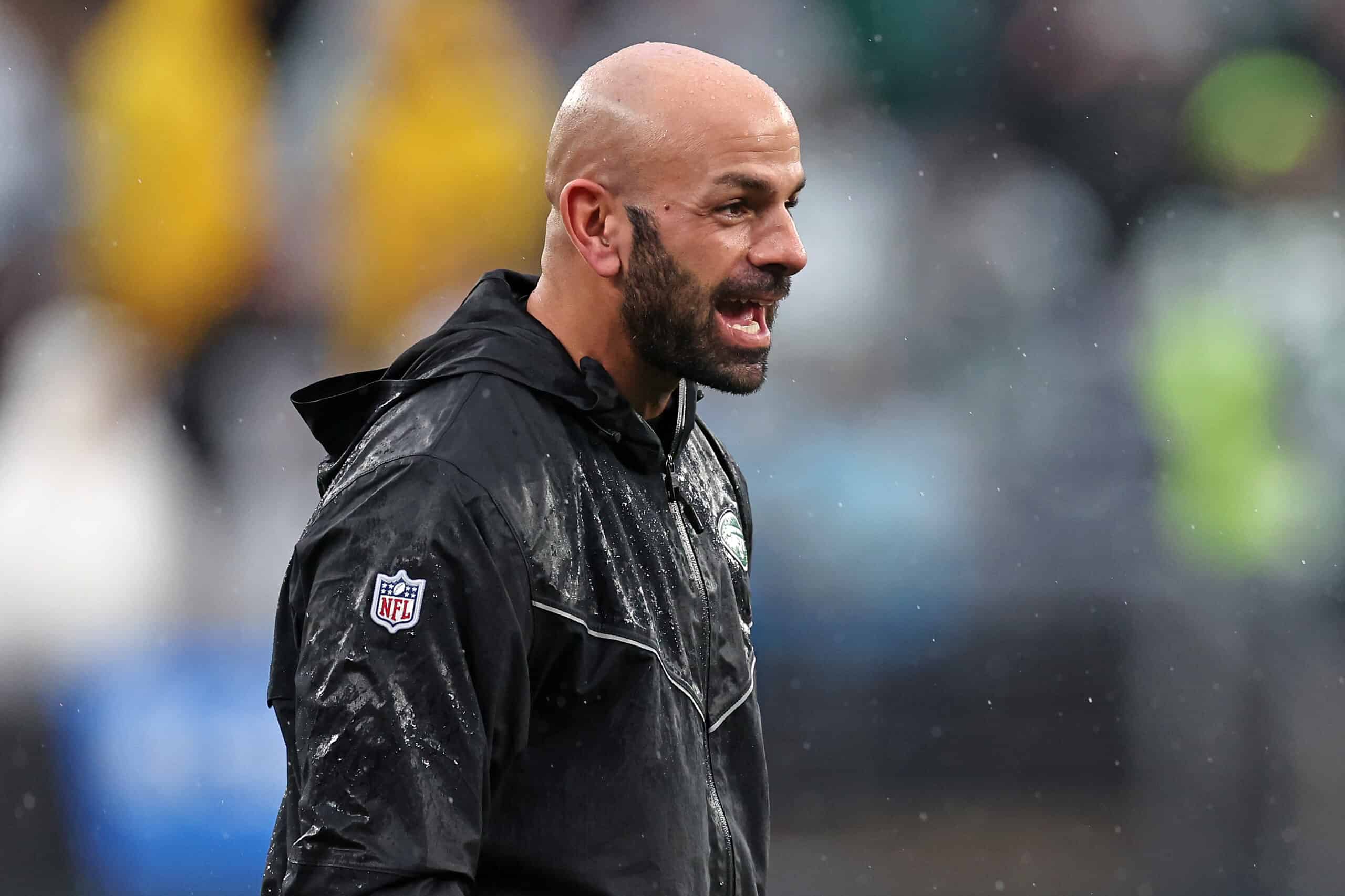 EAST RUTHERFORD, NEW JERSEY - DECEMBER 10: Head coach Robert Saleh of the New York Jets celebrates after a touchdown during the fourth quarter in the game against the Houston Texans at MetLife Stadium on December 10, 2023 in East Rutherford, New Jersey