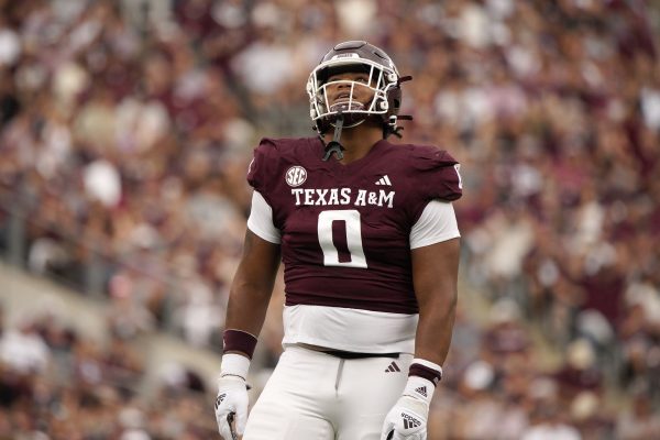 Texas A&M Aggies defensive lineman Walter Nolen (0) moves up to the scrimmage line during the second quarter in a game against South Carolina Gamecocks at Kyle Field. Mandatory Credit: Dustin Safranek-USA TODAY Sports