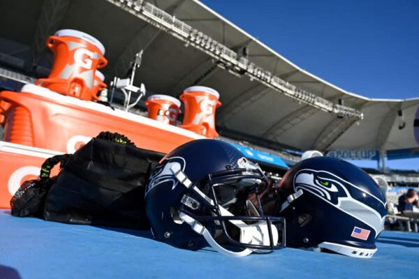 Seahawks Wide Receiver Exits Practice Early Due to Injury Seattle Seahawks helmets on the sideline before a preseason game against the Los Angeles Chargers at Dignity Health Sports Park on August 24, 2019 in Carson, California.