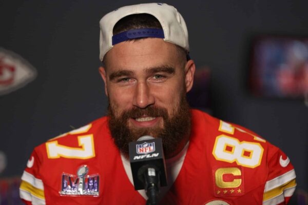 HENDERSON, NEVADA - FEBRUARY 07: Travis Kelce of the Kansas City Chiefs speaks to the media during Kansas City Chiefs media availability ahead of Super Bowl LVIII at Westin Lake Las Vegas Resort and Spa on February 07, 2024 in Henderson, Nevada.