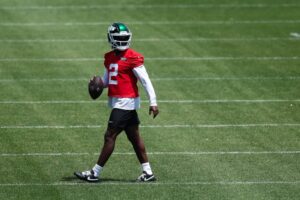 Tyrod Taylor #2 of the New York Jets walks on the field during New York Jets OTA Offseason Workouts at Atlantic Health Jets Training Center on June 04, 2024 in Florham Park, New Jersey.