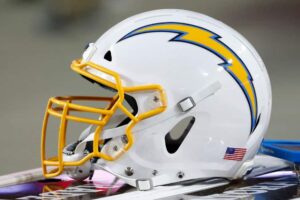 Los Angeles Chargers helmet on the sidelines prior to the start of the NFL preseason game the Arizona Cardinals at State Farm Stadium on August 08, 2019 in Glendale, Arizona.