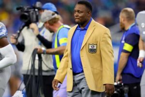 Barry Sanders, former Detroit Lions Hall of Fame running back, looks on against the Miami Dolphins at Ford Field on October 30, 2022 in Detroit, Michigan.