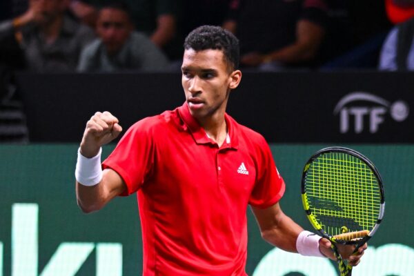 Canadian Stars Auger-Aliassime, Shapovalov, Diallo, Raonic, and Pospisil Set to Compete in 2024 Davis Cup Finals Group Stage Felix Auger-Aliassime pumps his fist.