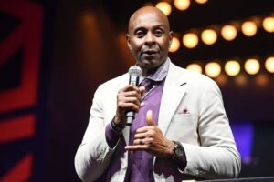 Former NFL player Jerry Rice addresses the fans after delivering the Vince Lombardi Trophy from a FedEx truck to its place inside Super Bowl Experience at the Mandalay Bay Convention Center on February 07, 2024 in Las Vegas, Nevada.
