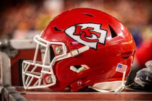 Kansas City Chiefs helmet sits on the bench during the game against the Houston Texans on January 12, 2019 at Arrowhead Stadium in Kansas City, Missouri.