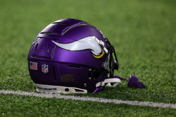 A detailed view of a Minnesota Vikings helmet during warmups prior to a game between the Minnesota Vikings and the Dallas Cowboys at U.S. Bank Stadium on October 31, 2021 in Minneapolis, Minnesota.
