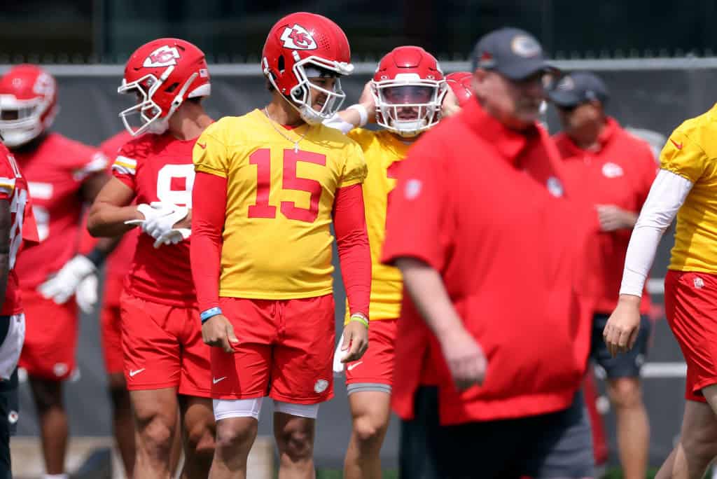 Patrick Mahomes #15 of the Kansas City Chiefs participates in OTA Offseason workouts at The University of Kansas Health System Training Complex on May 22, 2024 in Kansas City, Missouri.