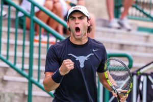 Eliot Spizzirri pumps his fist. He won the ITF event in Laval last week.