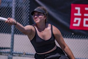 Wheelchair Tennis player Frederique Berube Perron hits a forehand.