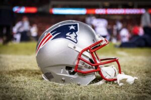 New England Patriots helmet sits on the sidelines after the NFL AFC Championship game against the Kansas City Chiefs on January 20, 2019 at Arrowhead Stadium in Kansas City, Missouri.