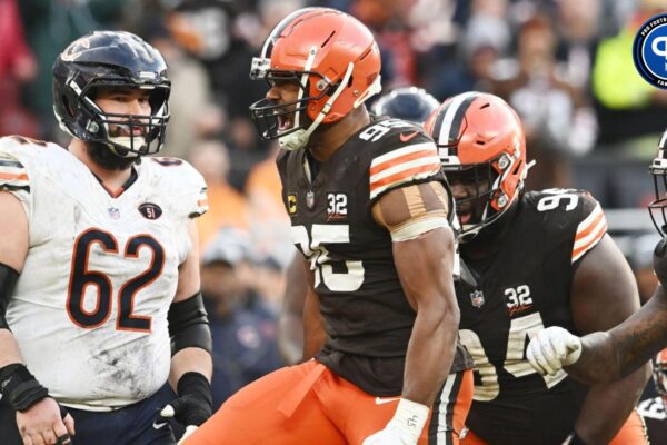 Cleveland Browns defensive end Myles Garrett (95) celebrates after making a tackle during the second half against the Chicago Bears at Cleveland Browns Stadium. Mandatory Credit: Ken Blaze-USA TODAY Sports