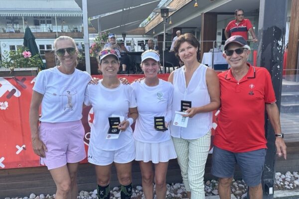 Masters Tennis Championships Conclude: Steve Stevens Wraps Up Tournament Several champions pose with their trophies at the 2024 Steven Stevens Masters Tennis Championships.