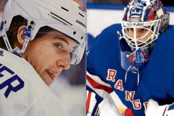 Mitch Marner of the Maple Leafs and Igor Shesterkin of the Rangers